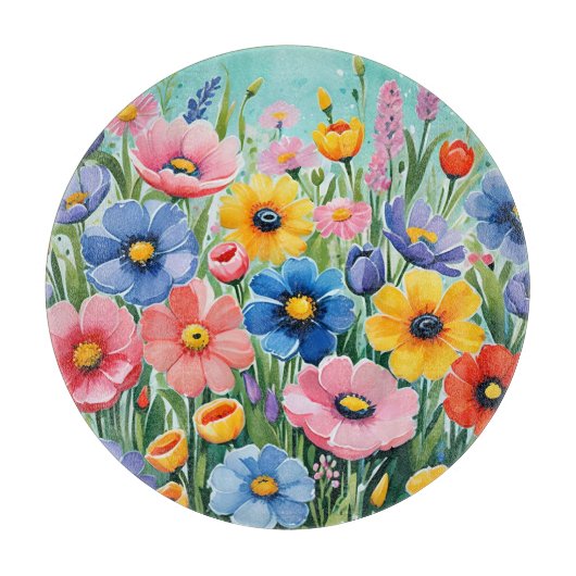 水色の鮮やか春の花パターン カッティングボード (正面)