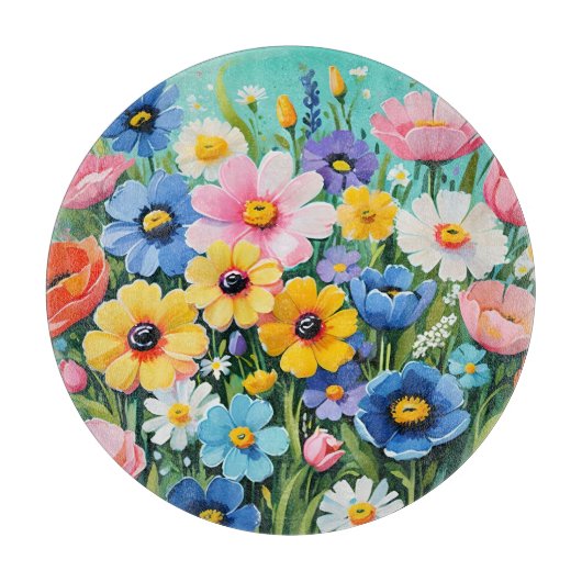 水色の鮮やか春の花パターン カッティングボード (正面)