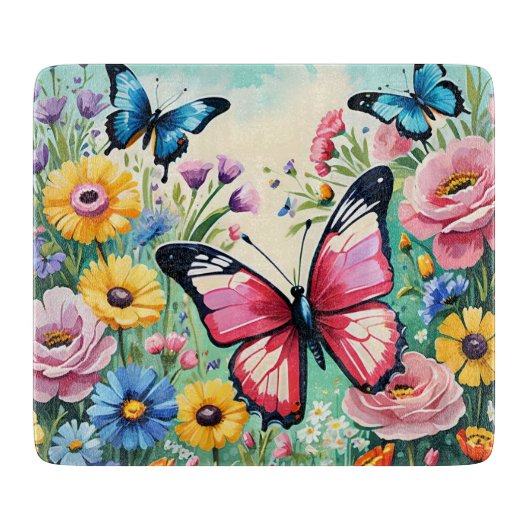 水色の鮮やか春の花パターン カッティングボード (正面)