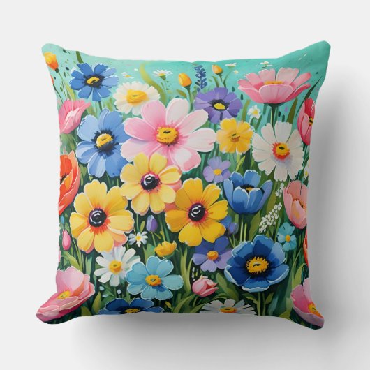 水色の鮮やか春の花パターン クッション (正面)