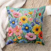 水色の鮮やか春の花パターン クッション (ブランケット)