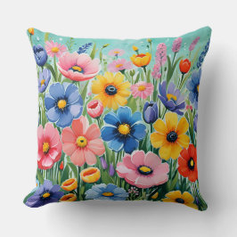 水色の鮮やか春の花パターン クッション