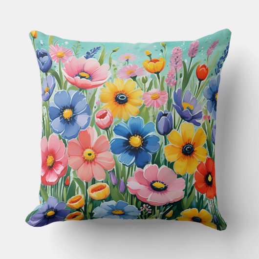 水色の鮮やか春の花パターン クッション (正面)