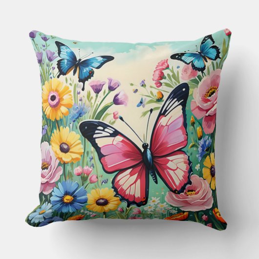 水色の鮮やか春の花パターン クッション (正面)