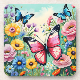 水色の鮮やか春の花パターン コースター