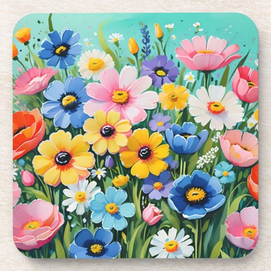 水色の鮮やか春の花パターン コースター (正面)