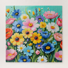 水色の鮮やか春の花パターン ジグソーパズル