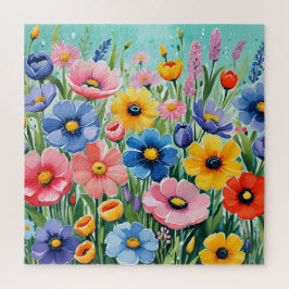 水色の鮮やか春の花パターン ジグソーパズル