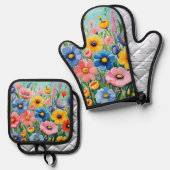 水色の鮮やか春の花パターン 鍋つかみ&鍋敷きセット (正面/裏面)