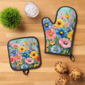 水色の鮮やか春の花パターン 鍋つかみ&鍋敷きセット (トップダウン)