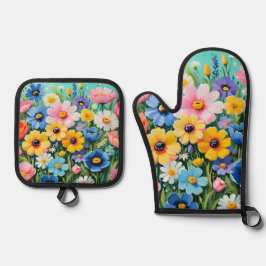 水色の鮮やか春の花パターン 鍋つかみ&鍋敷きセット