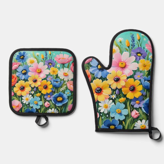 水色の鮮やか春の花パターン 鍋つかみ&鍋敷きセット (正面)