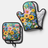 水色の鮮やか春の花パターン 鍋つかみ&鍋敷きセット (正面/裏面)