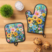 水色の鮮やか春の花パターン 鍋つかみ&鍋敷きセット (トップダウン)