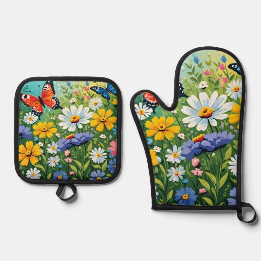 水色の鮮やか春の花パターン 鍋つかみ&鍋敷きセット (正面)