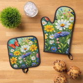 水色の鮮やか春の花パターン 鍋つかみ&鍋敷きセット (トップダウン)