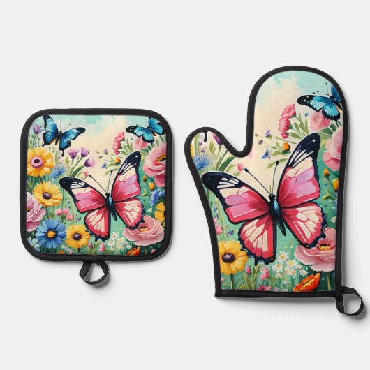 水色の鮮やか春の花パターン 鍋つかみ&鍋敷きセット (正面)