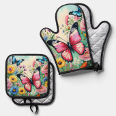 水色の鮮やか春の花パターン 鍋つかみ&鍋敷きセット (正面/裏面)