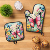 水色の鮮やか春の花パターン 鍋つかみ&鍋敷きセット (トップダウン)