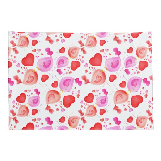 水色の鳥がピンクの赤い白い枕を愛する 枕カバー (裏面-右)