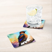 水色の鳥が枝上に スクエアペーパーコースター (インサイチュ)