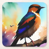 水色の鳥が枝上に スクエアペーパーコースター (正面)