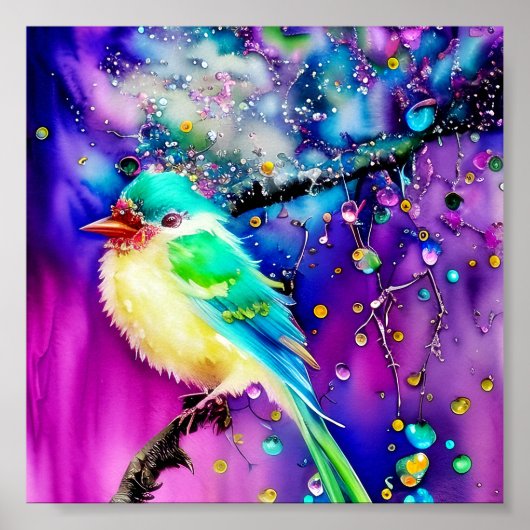 水色の鳥と水滴 ポスター (正面)