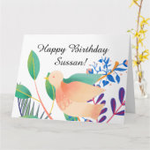 水色の鳥のハッピーバースデーウィッシュ写真文字 カード (黄色い花)