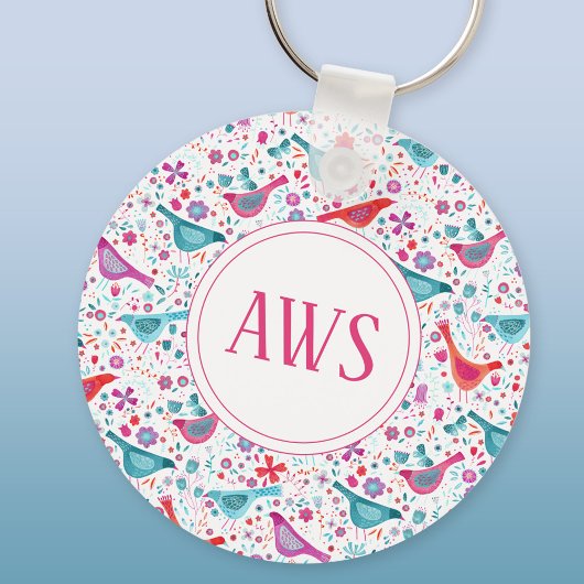 水色の鳥の明るいモノグラム キーホルダー