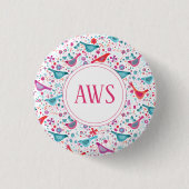 水色の鳥の明るいモノグラム 缶バッジ (正面)