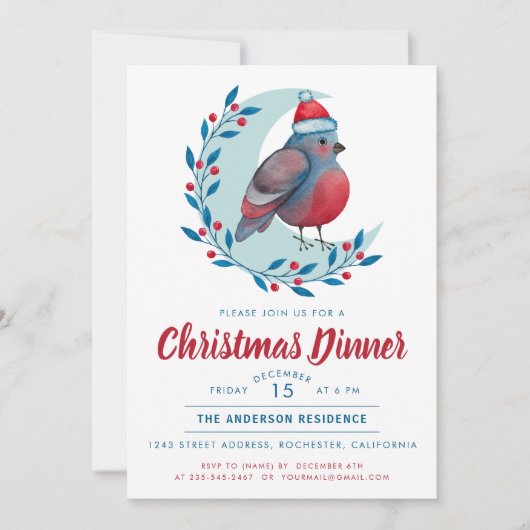 水色の鳥オンムーンクリスマスディナーパーティー 招待状 (正面)