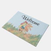 水色の鶏の模様 ドアマット (アングル)