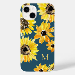 水色の黄色いヒマワリの青いモノグラム Case-Mate iPhone 14ケース