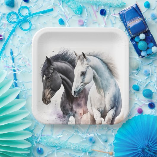 水色の黒と白の馬 ペーパープレート (パーティー)
