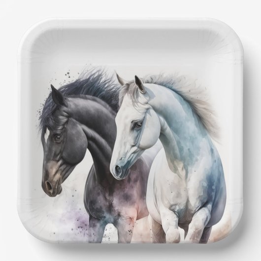 水色の黒と白の馬 ペーパープレート (正面)