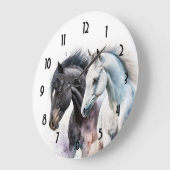 水色の黒と白の馬 ラージ壁時計 (傾斜)