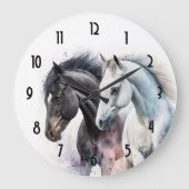 水色の黒と白の馬 ラージ壁時計 (正面)