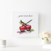 水色の3つの赤いジューシーなさくらんぼ スクエア壁時計 (ホーム)