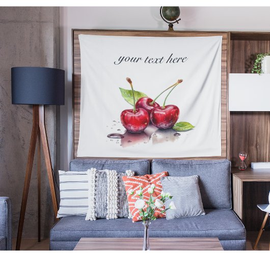 水色の3つの赤いジューシーなさくらんぼ タペストリー