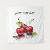 水色の3つの赤いジューシーなさくらんぼ タペストリー (正面)