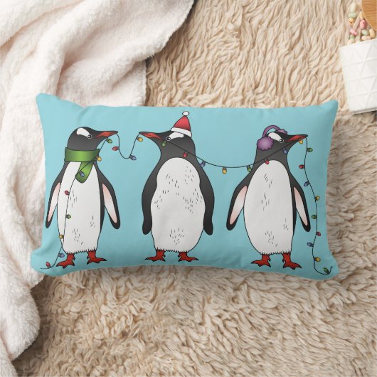水色の3羽のクリスマスのペンギン ランバークッション (ブランケット)