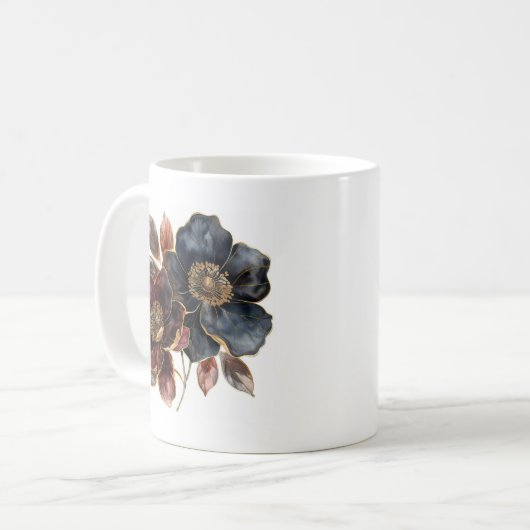水色はっきりした金ゴールド黒ブルゴーニュ花 コーヒーマグカップ (正面左)