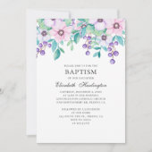 水色は紫とピンクの花。フローラ洗礼 招待状 (正面)