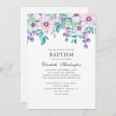 水色は紫とピンクの花。フローラ洗礼 招待状 (正面/裏面)