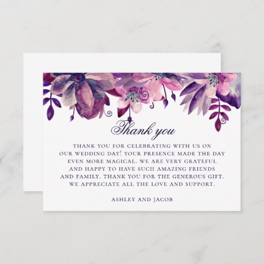 水色は紫とピンクの花。フローラ結婚の サンキューカード (正面/裏面)