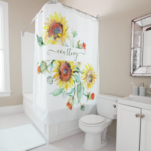 水色ひまわりパーソナライズされた シャワーカーテン (インサイチュ)