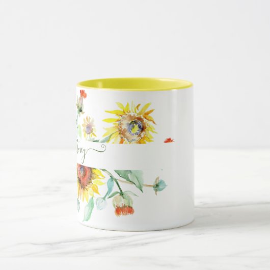 水色ひまわりパーソナライズされた マグカップ (中央)