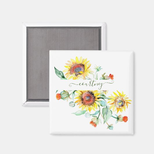 水色ひまわりパーソナライズされた マグネット (正面/裏面)