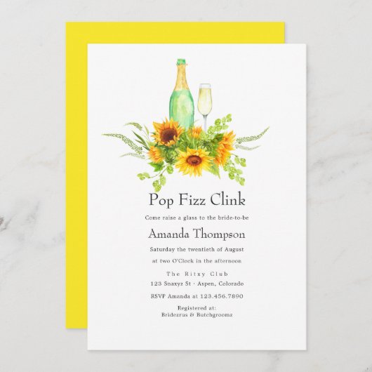 水色ひまわりポップ・アートの花フィズザニンクブライダルシャワー 招待状 (正面/裏面)