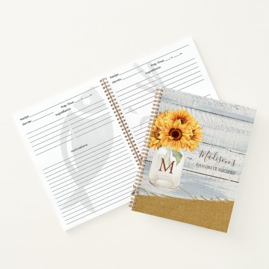 水色ひまわりメイソン瓶みすぼらしい木材レシピ ノートブック (内部)
